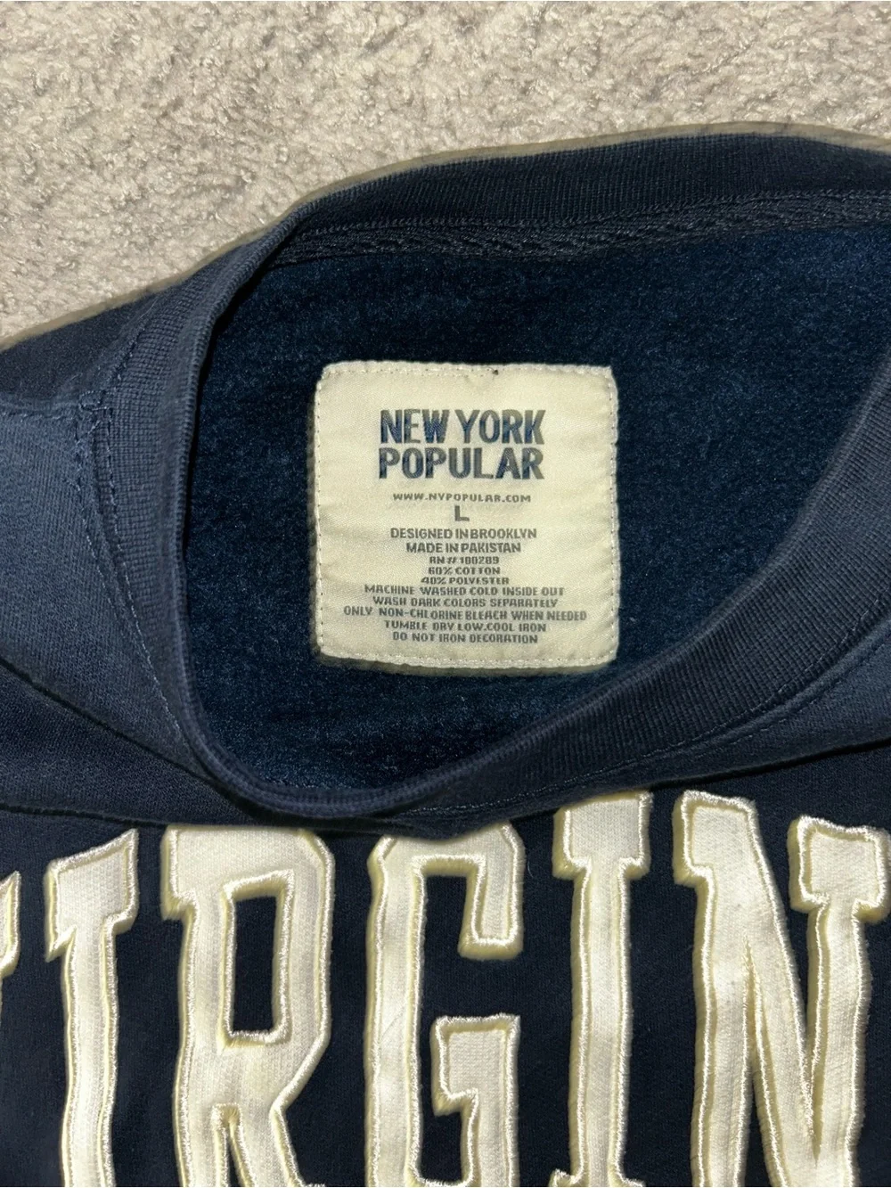 Virginia Arch Logo Navy Crewneck Sweatshirt with White Sleeve Stripes